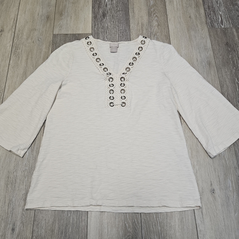 Chicos Bell 3/4 Sleeve Shirt Eyelet Boho Western Top Cream Women's Small Size 0